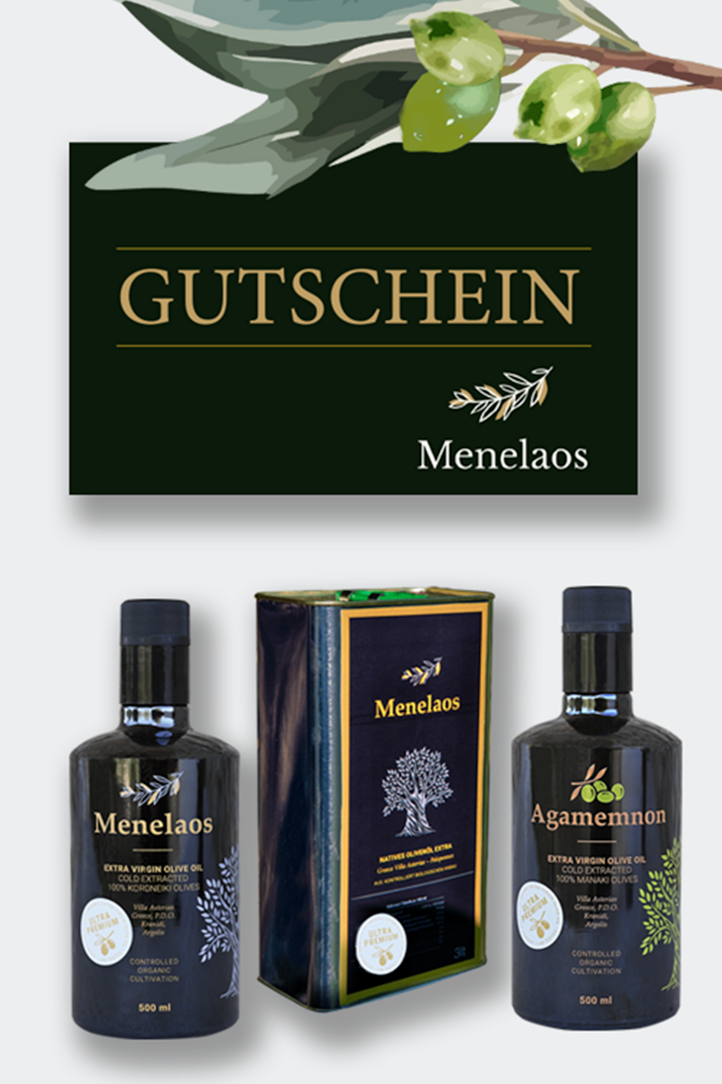 Menelaos und Agamemnon Ultra Premium Bio-Olivenöl | Geschenkgutschein