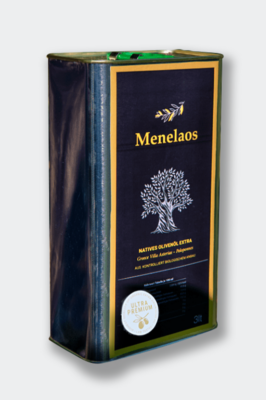 Menelaos Ultra-Premium organic olive oil in a 3L canister - for convinced connoisseurs