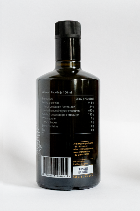 Menelaos Ultra-Premium Organic Olive Oil in a 500 ml bottle
