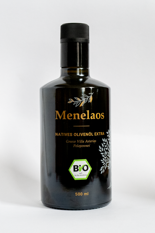 Menelaos Ultra-Premium Organic Olive Oil in a 500 ml bottle